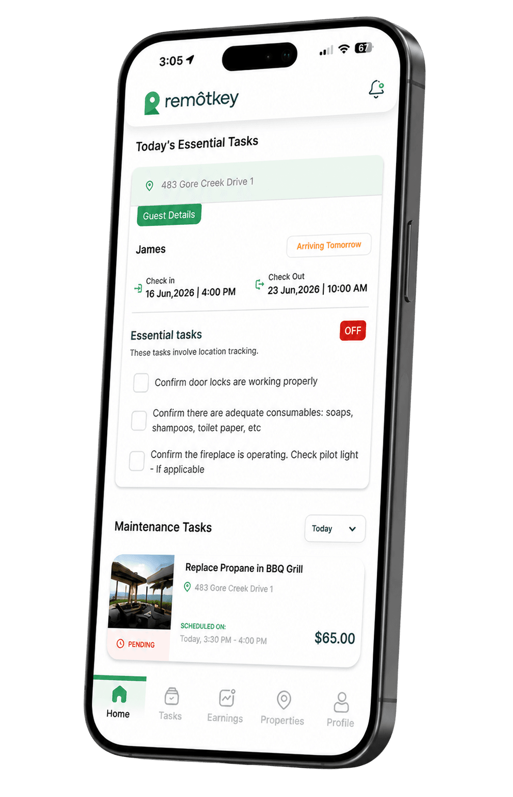 Remotkey mobile dashboard preview with tasks and maintenance cards